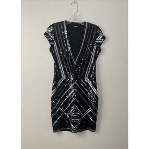 Express Sequin Bodycon Mini Sheath Dress Small Deep V Stretch Cocktail Evening